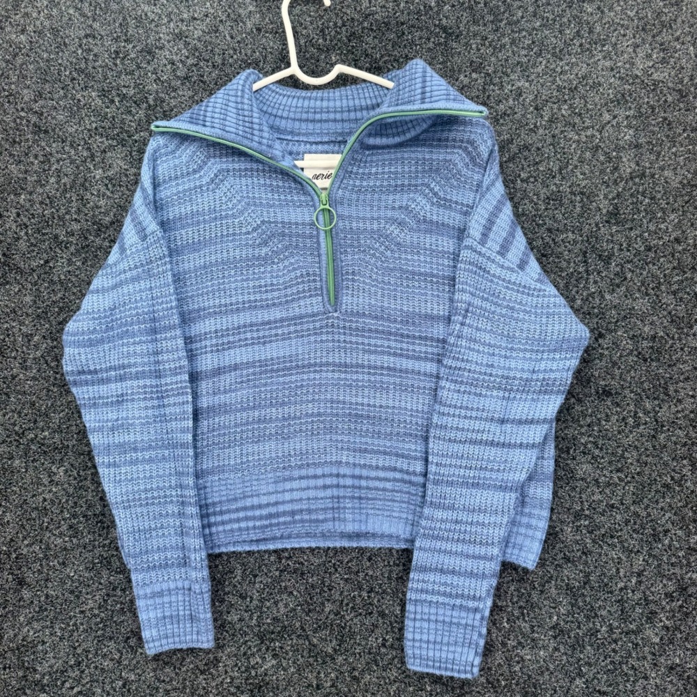 Aerie Blue Striped Quarter Zip Sweater Cropped Pullover XS